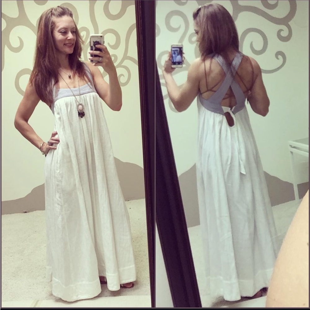 Free People White Maxi Dress with Gray Crossback Detail